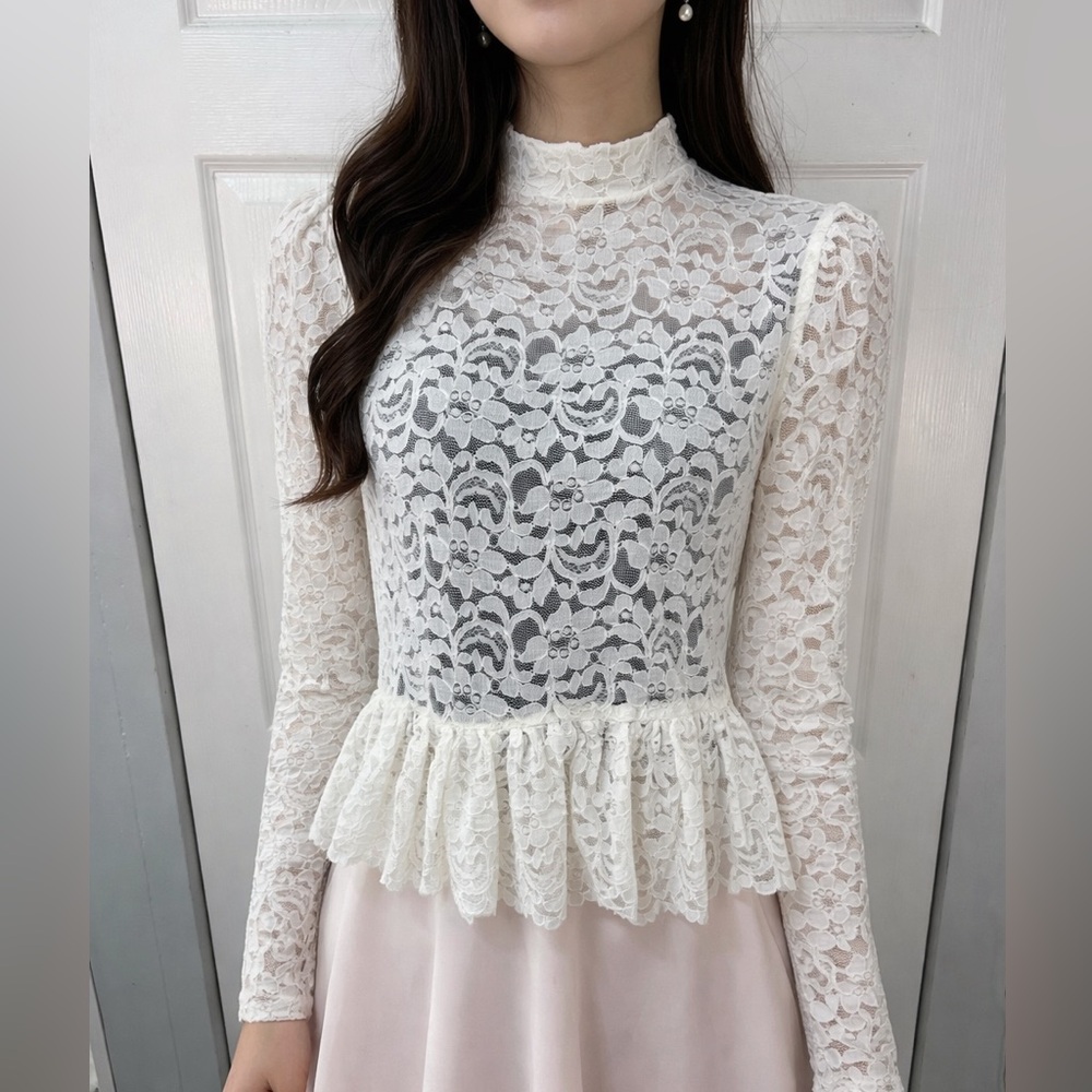 White Lace Peplum Top Romantic Cottagecore Long Sleeve Sheer Lace Blouse